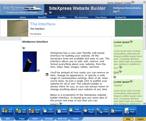 A Screenshot of the SiteXpress website builder interface